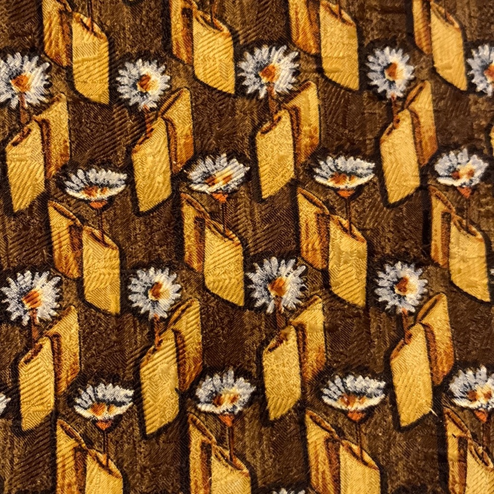 Silk Daisy Geometric Brown Yellow White Vintage Tie